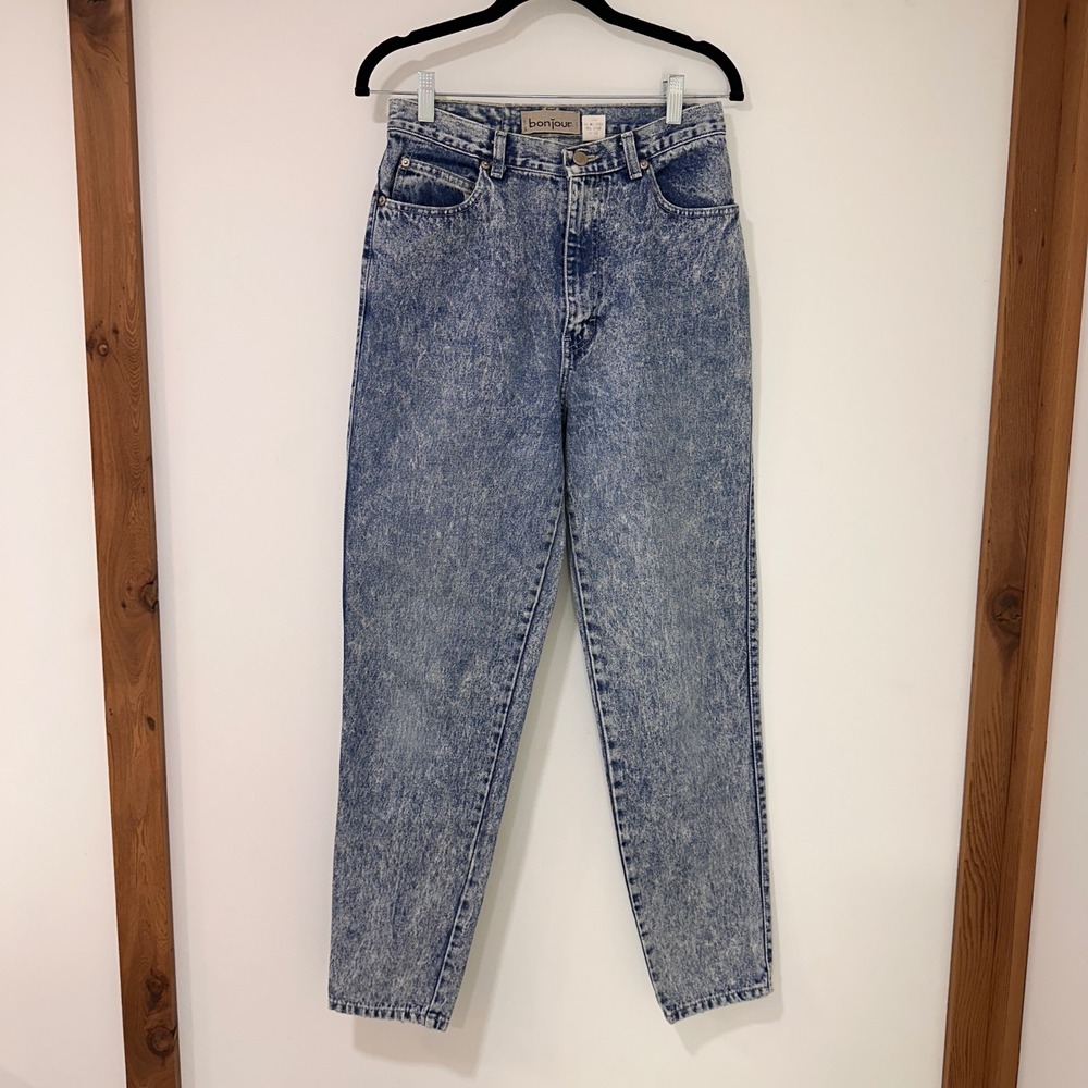 Bonjour Vintage High Waisted Acid Wash Jeans Womens 12 Blue Tapered | Retro 80s